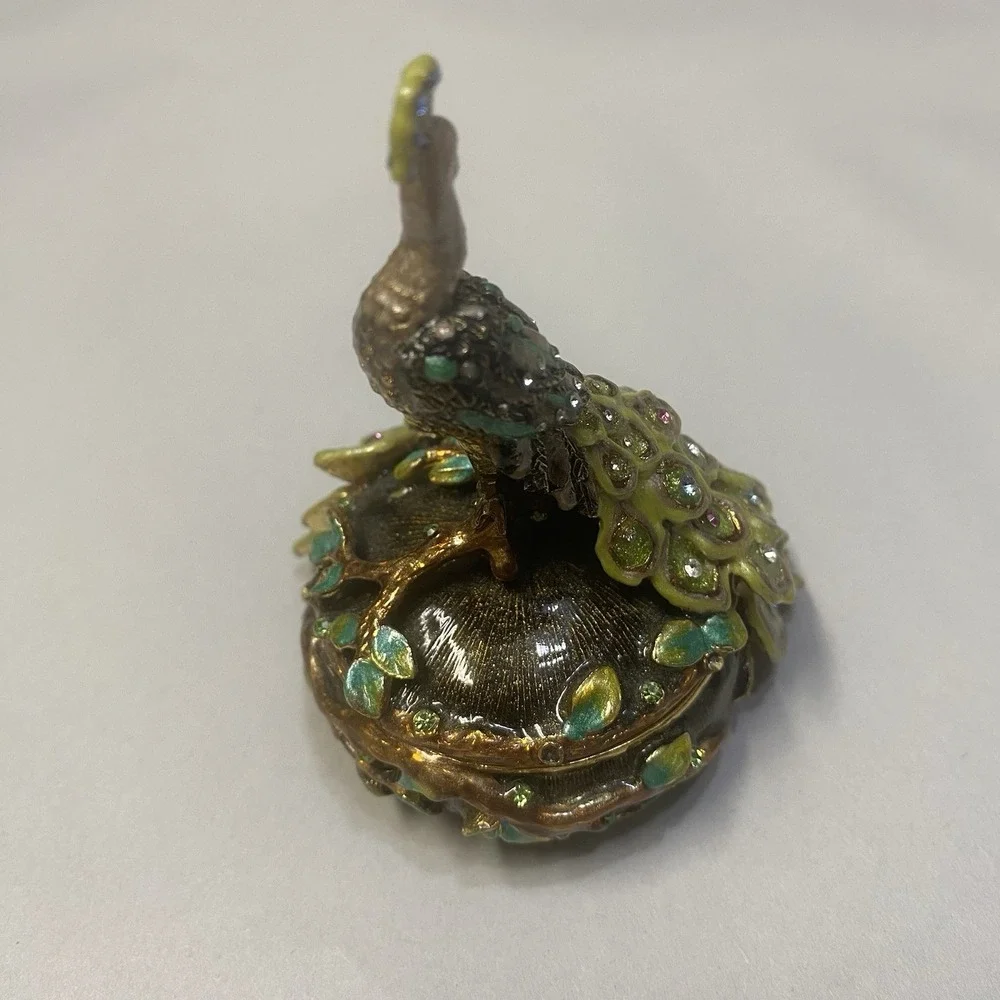 Enameled Rhinestone Peacock Trinket Box Jewelry Ring Holder Magnet Closure